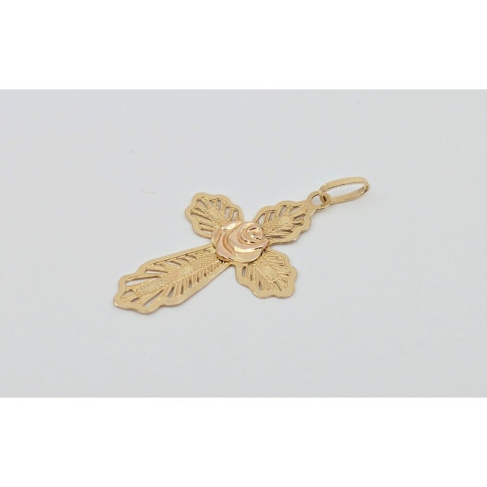 Unique 14K Two Tone Multi Color Gold Religious Floral Flower Cross Charm Pendant - Picture 6 of 11